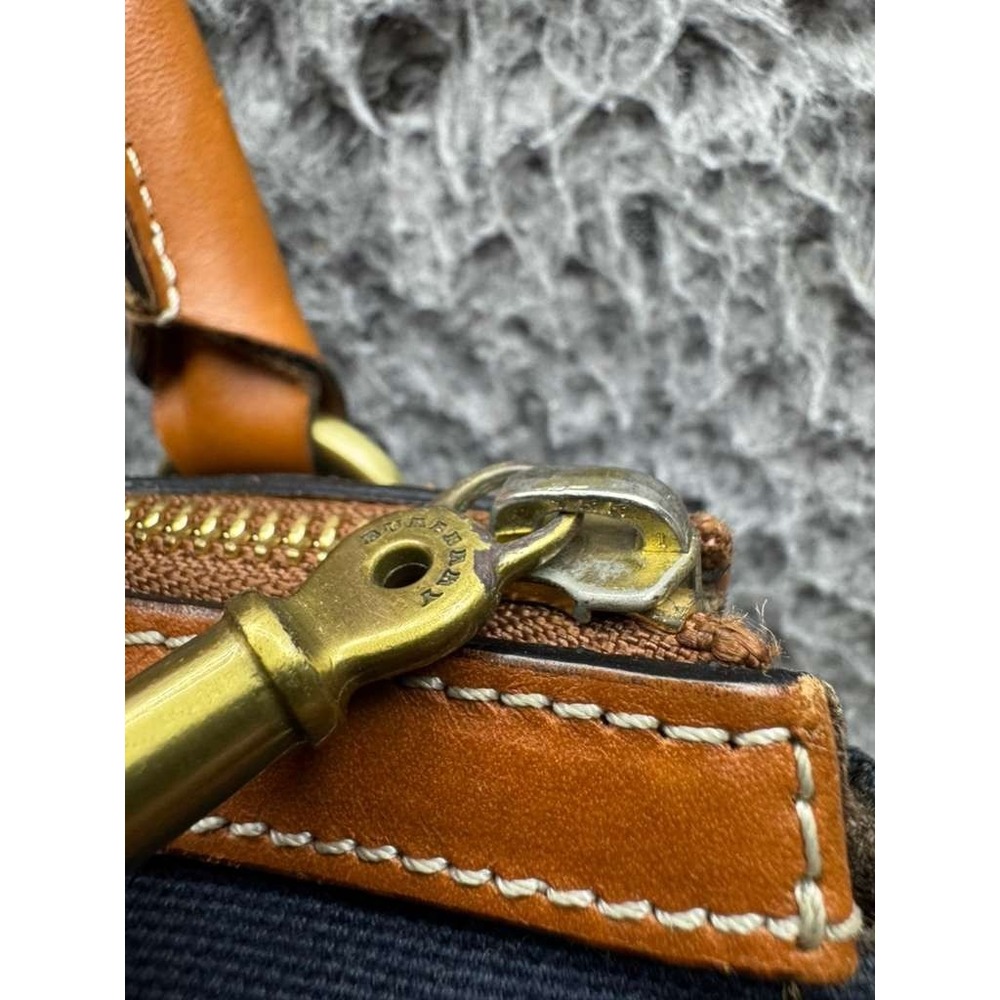 Vintage Burberry London Women' s Canvas Leather Trim Top Handle Bag‎ Navy Blue - Picture 11 of 16